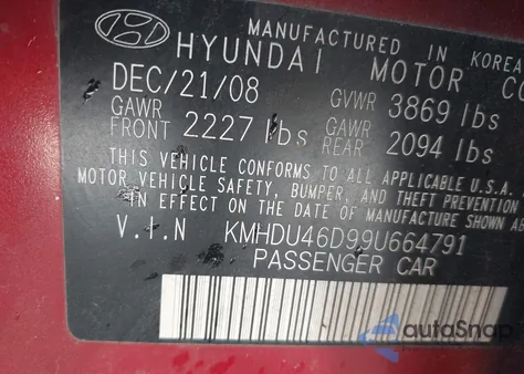 2009 Hyundai Elantra Se z USA, uszkodzony, nr VIN KMHDU46D99U664791